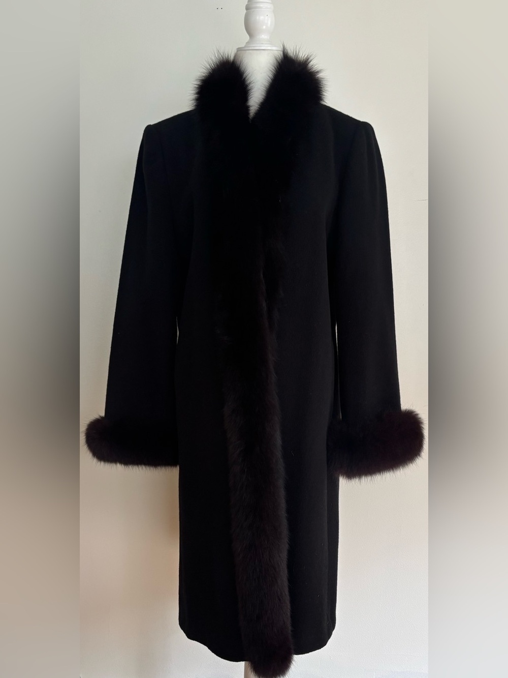 Vintage Marvin Richards Lambswool Fox Fur Tuxedo Swing Coat Black size 8